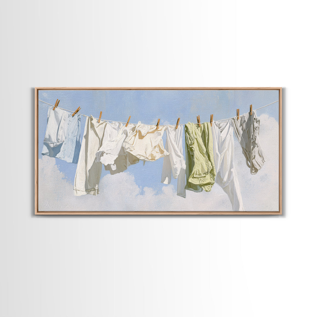 Clothesline with White Linens Blowing in Sunshine Canvas Print, Laundry Room Art, Digital Wall Art, Living Room Decor, Clean, LRA-2x1-45