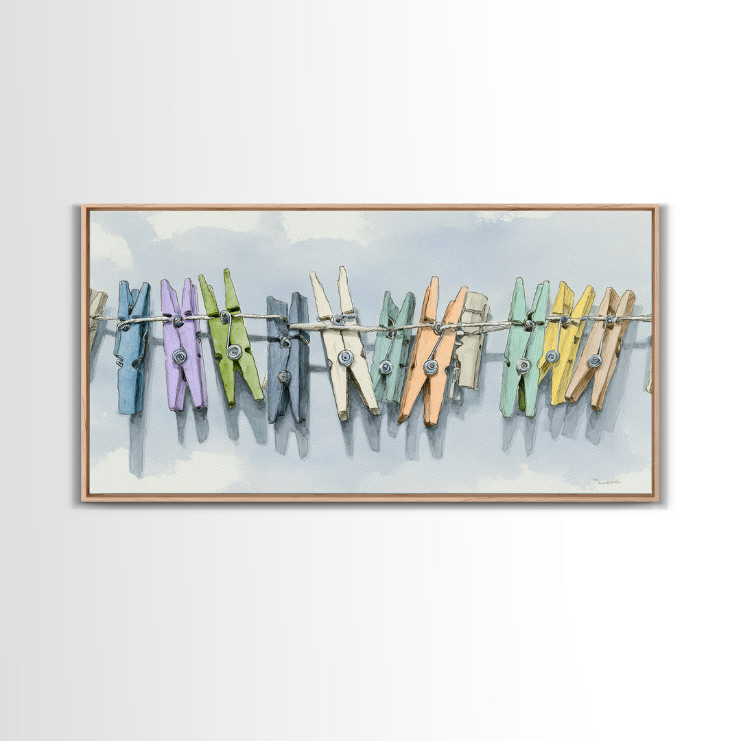 Cheerful Clothespins Arranged as Pattern Canvas Print, Laundry Room Art, Digital Art, Living Room Decor, Fine Art, Clean, LRA-2x1-48