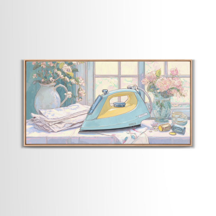 Retro Iron Illustration Framed Canvas Print, Laundry Room Art, Living Room Decor, Watercolor Art, Clean, Wall Art Print, LRA-2x1-5