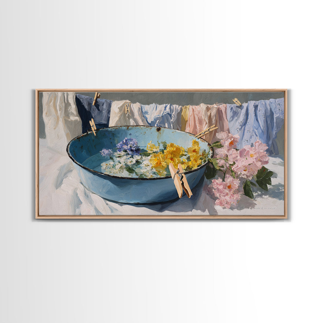 Old Enamel Basin Filled Canvas Print, Laundry Room Art, Printable Wall Art, Living Room Decor, Watercolor Art, Clean, LRA-2x1-52