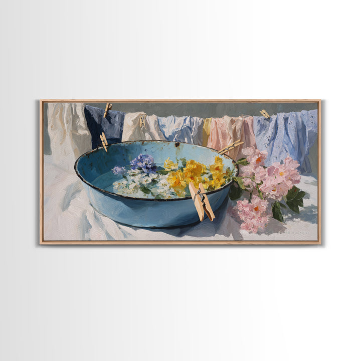 Old Enamel Basin Filled Canvas Print, Laundry Room Art, Printable Wall Art, Living Room Decor, Watercolor Art, Clean, LRA-2x1-52