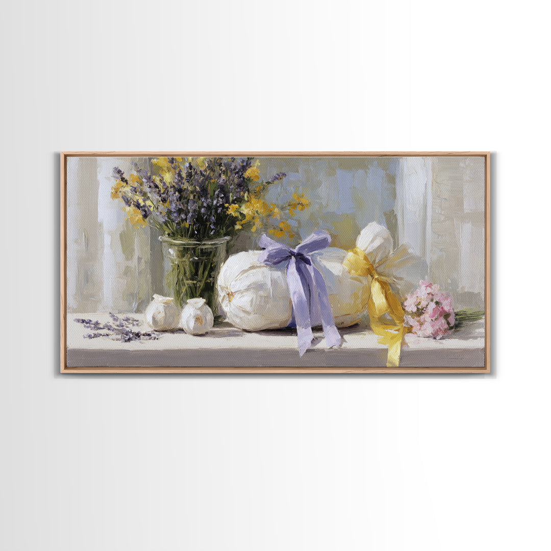 Lavender Sachet and Ribbon Still Life Canvas Print, Laundry Room Art, Printable Wall Art, Living Room Decor, Fine Art, Clean, LRA-2x1-61