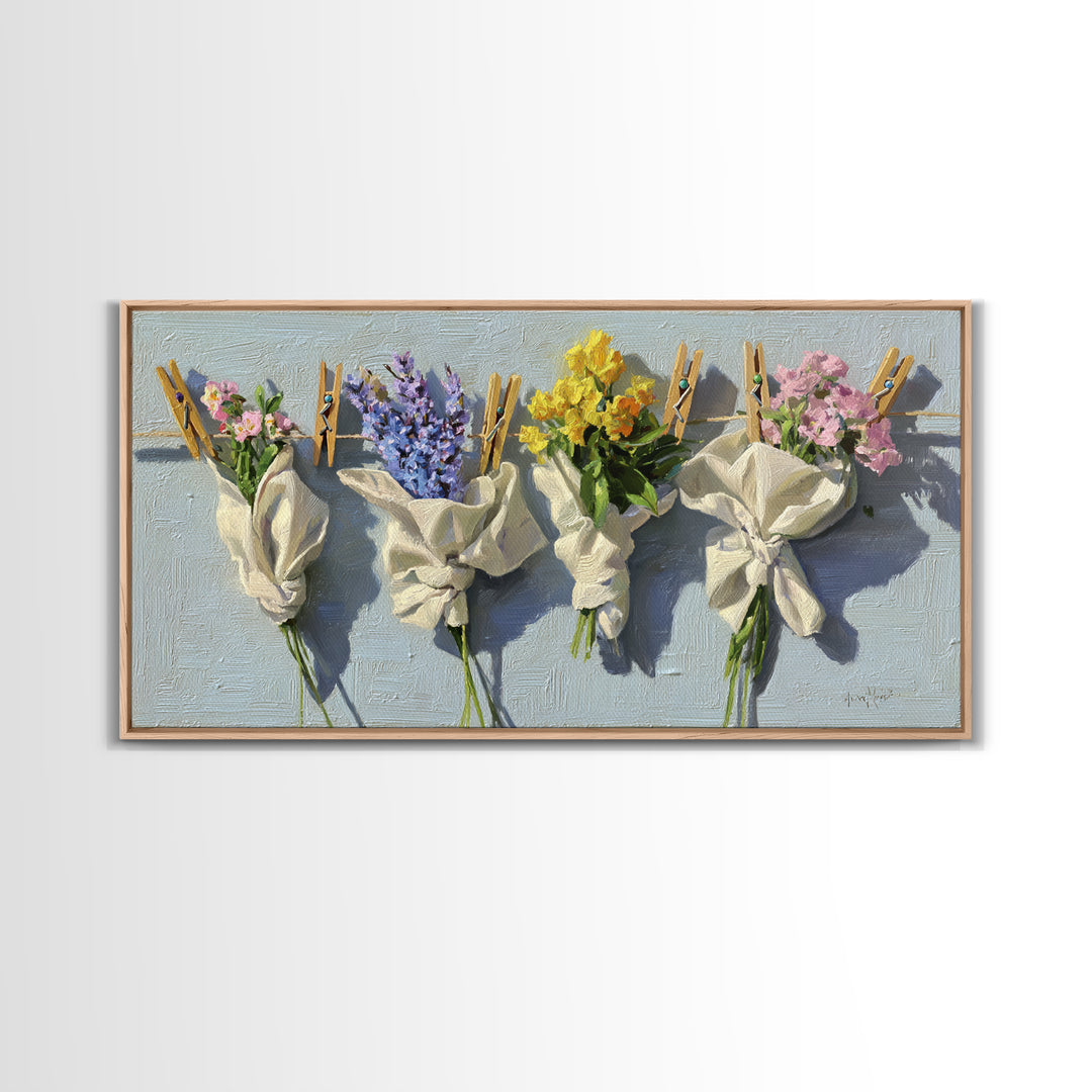 Clothespin Bouquet in Folk Art Style Canvas Print, Laundry Room Art, Artwork, Living Room Decor, Clean, Minimalist Wall Art, LRA-2x1-64