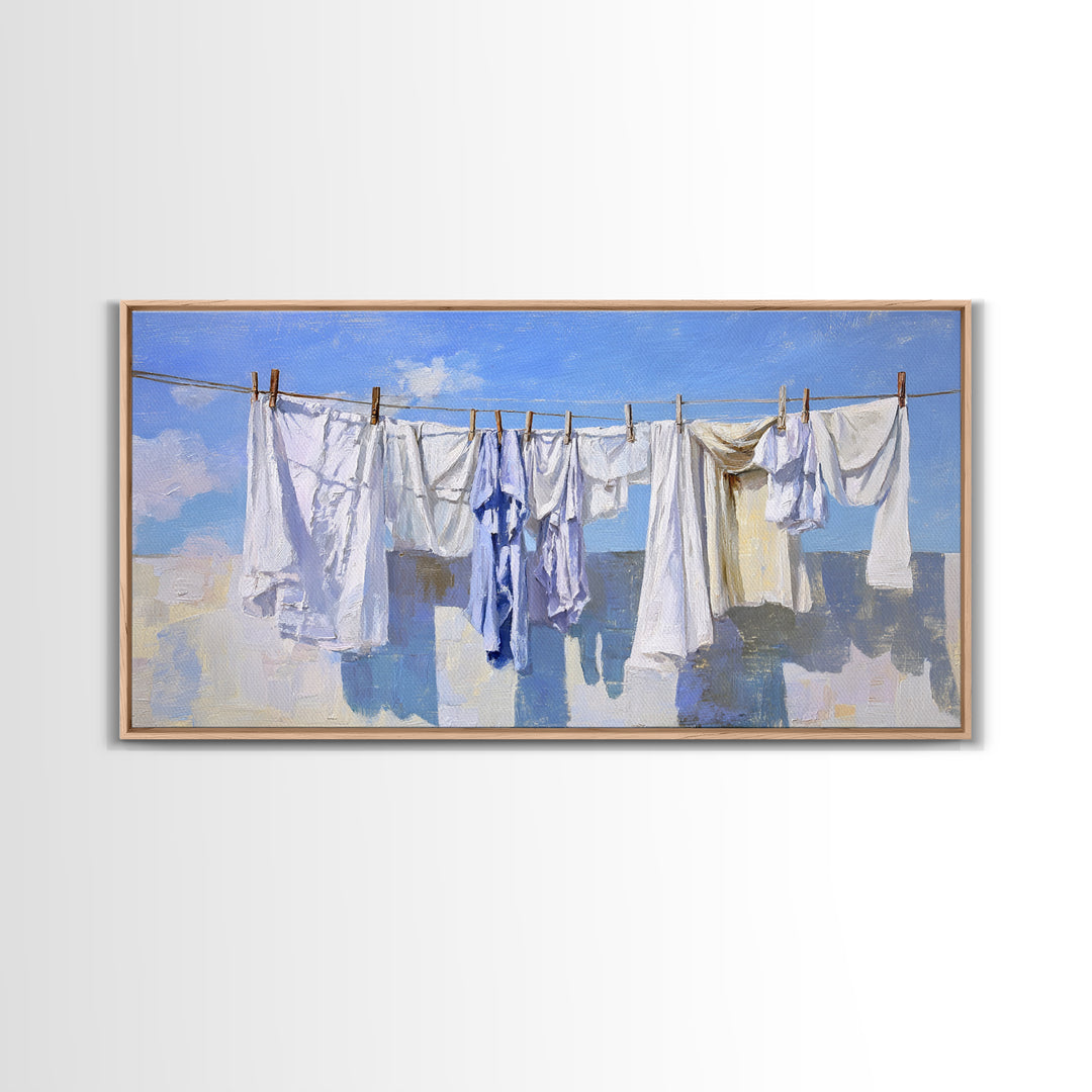 Clothesline with White Linens Blowing in Sunshine Canvas Print, Laundry Room Art, Farmhouse Decor, Living Room Decor, Clean, LRA-2x1-69
