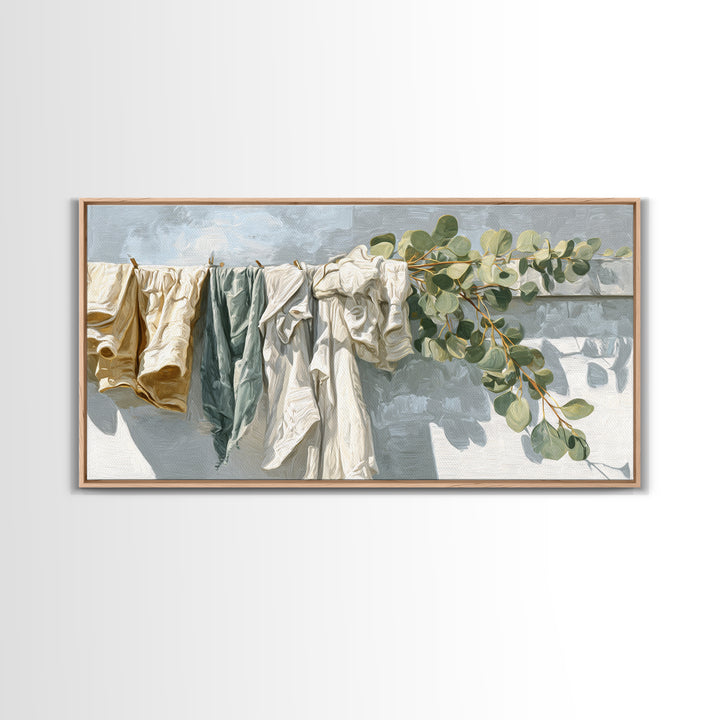 Sunlit White Towels and Eucalyptus Branch Framed Canvas Print, Laundry Room Art, Living Room Decor, Watercolor Art, Clean, LRA-2x1-7