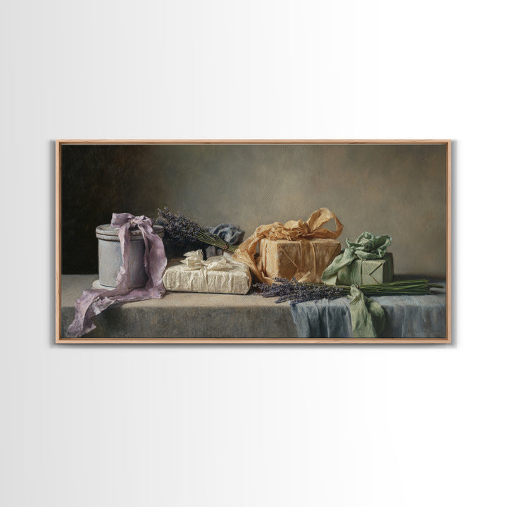 Lavender Sachet and Ribbon Still Life Framed Canvas Print, Laundry Room Art, Printable Art, Living Room Decor, Fine Art, Clean, LRA-2x1-85