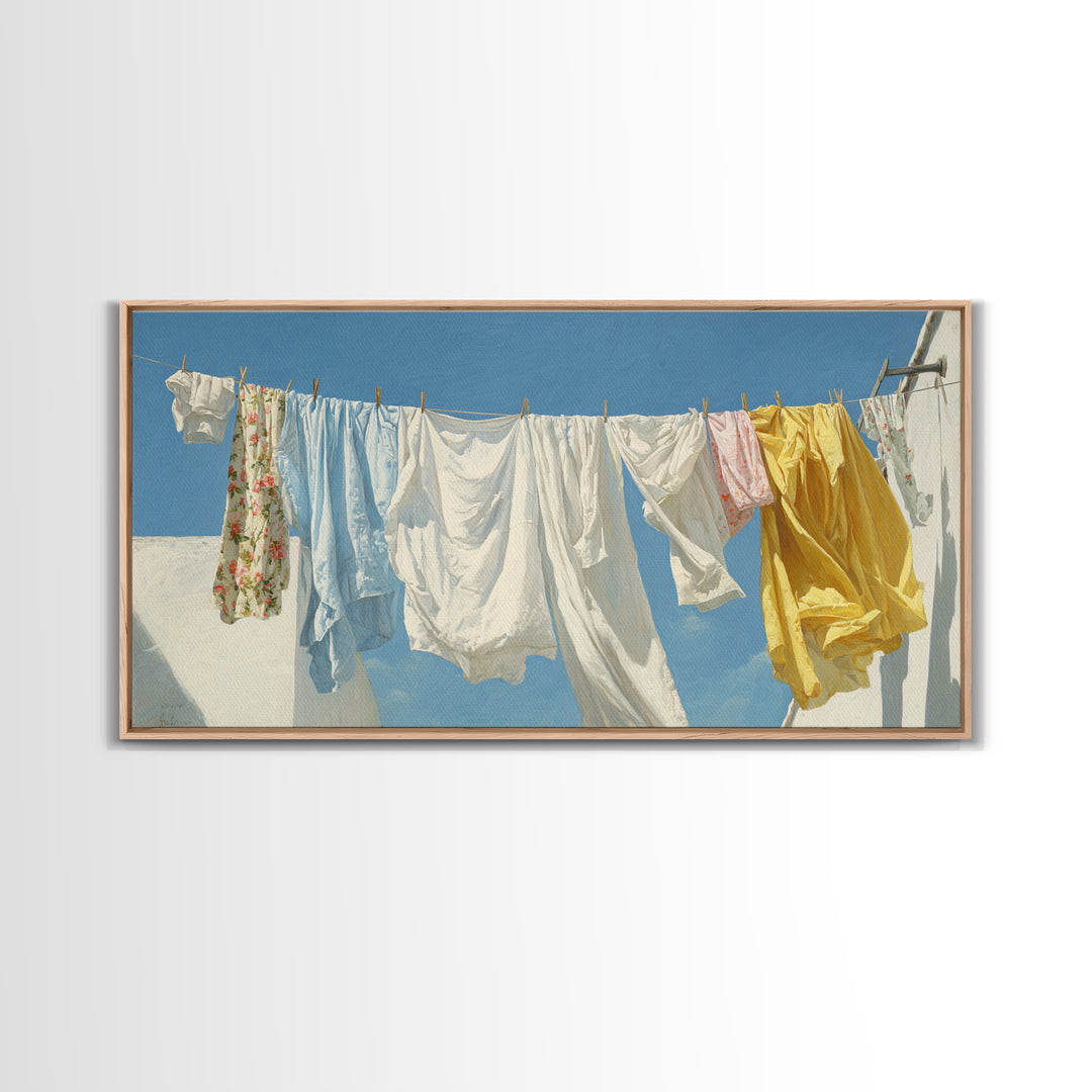 Clothesline with White Linens Blowing in Sunshine Canvas Print, Laundry Room Art, Farmhouse Decor, Living Room Decor, Clean, LRA-2x1-93