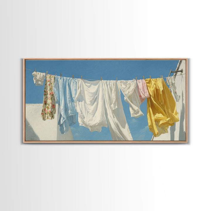 Clothesline with White Linens Blowing in Sunshine Canvas Print, Laundry Room Art, Farmhouse Decor, Living Room Decor, Clean, LRA-2x1-93