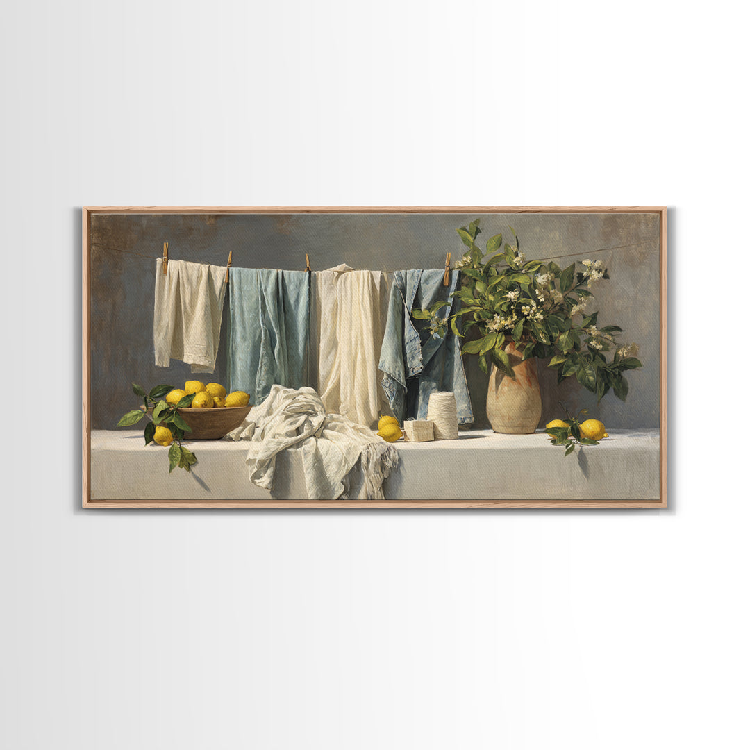 Lemon and Clean Linen Still Life Framed Canvas Print, Laundry Room Art, Digital Art Print, Living Room Decor, Fine Art, Clean, LRA-2x1-95