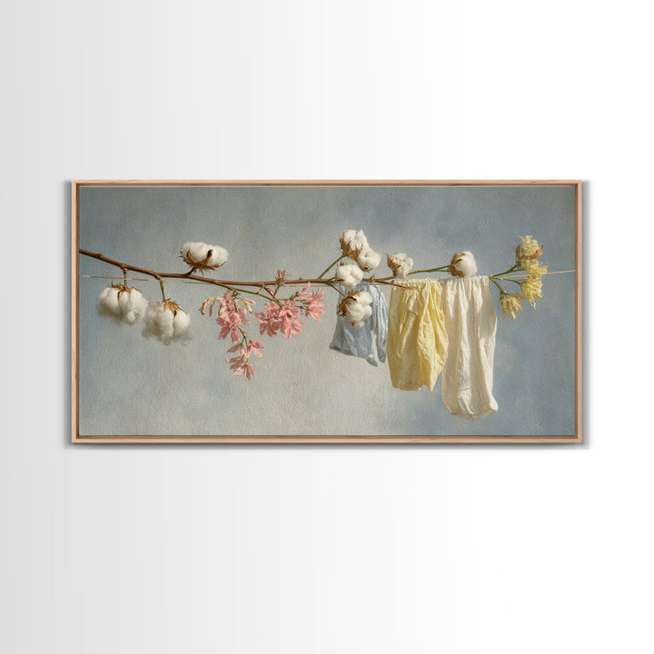 Fresh Cotton Branch Botanical Study Framed Canvas Print, Laundry Room Art, Wall Art Print, Living Room Decor, Watercolor Art, LRA-2x1-99
