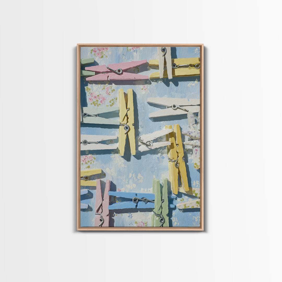 Cheerful Clothespins Arranged as Pattern Framed Canvas Print, Laundry Room Art, Minimalist Decor, Living Room Decor, LRA-2x3-12