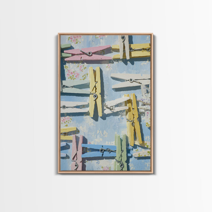 Cheerful Clothespins Arranged as Pattern Framed Canvas Print, Laundry Room Art, Minimalist Decor, Living Room Decor, LRA-2x3-12