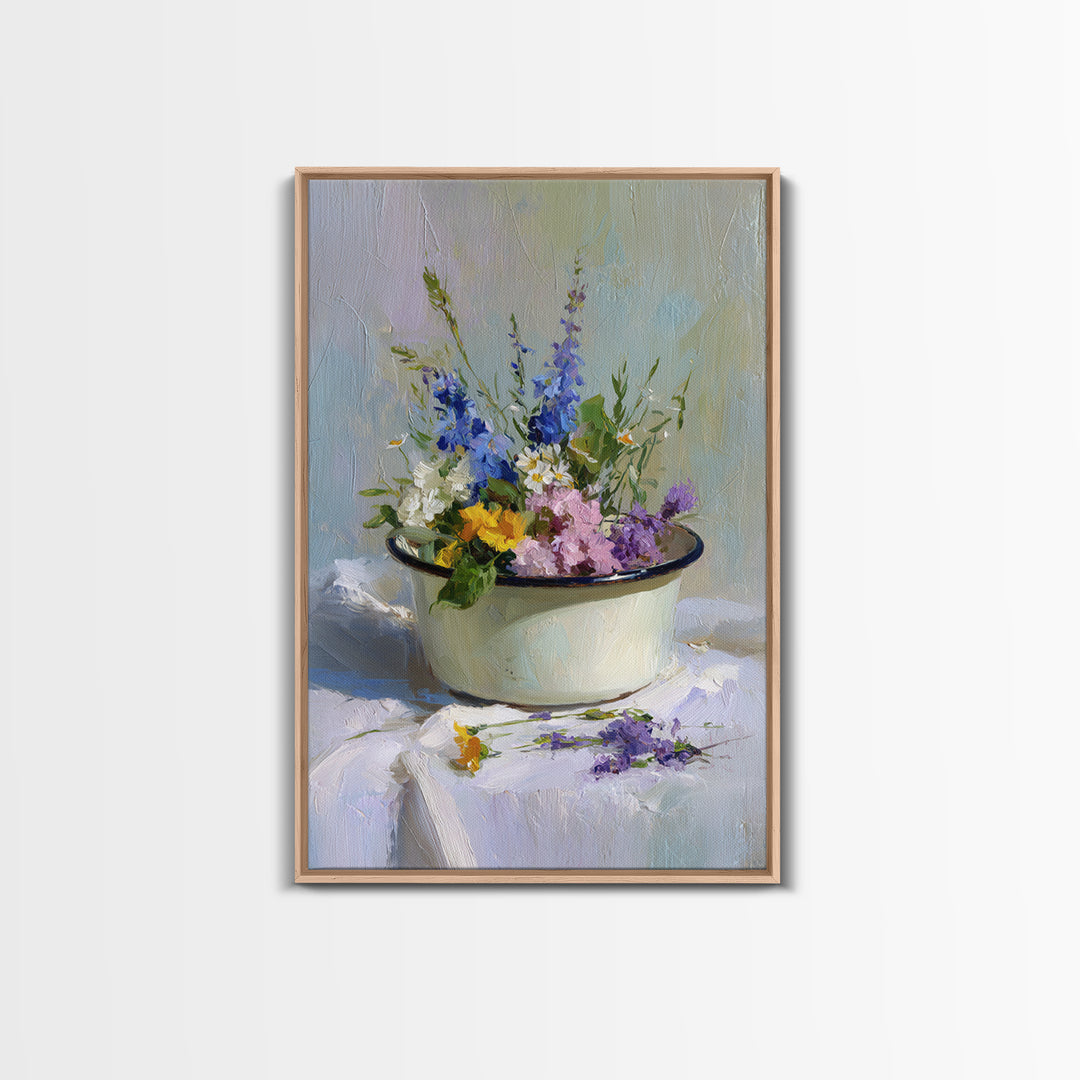 Old Enamel Basin Filled Canvas Print, Laundry Room Art, Whimsical Art, Living Room Decor, Fine Art, Clean, Statement Artwork, LRA-2x3-16