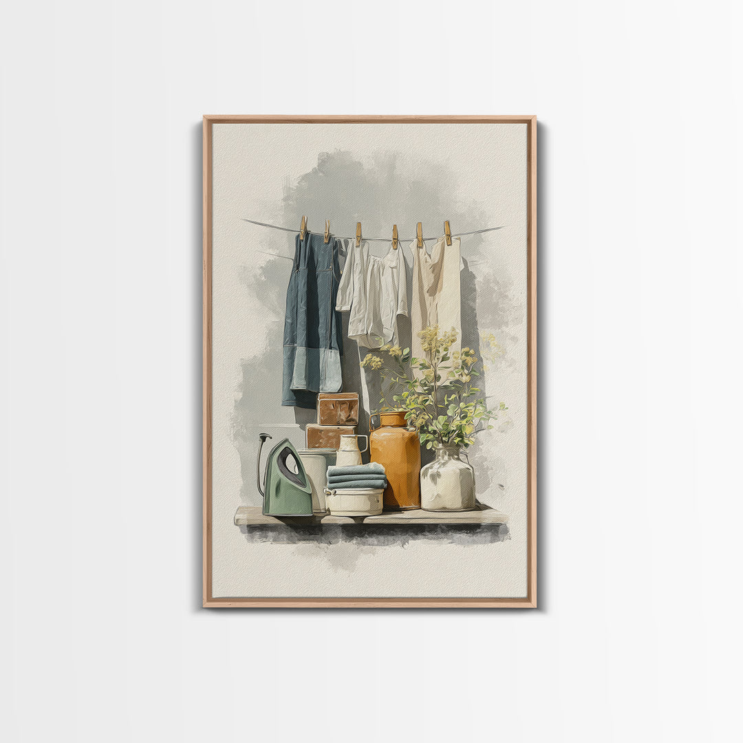 Retro Iron Illustration Framed Canvas Print, Laundry Room Art, Printable Wall Art, Living Room Decor, Abstract Art, Clean, LRA-2x3-17