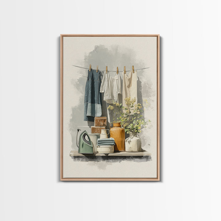 Retro Iron Illustration Framed Canvas Print, Laundry Room Art, Printable Wall Art, Living Room Decor, Abstract Art, Clean, LRA-2x3-17
