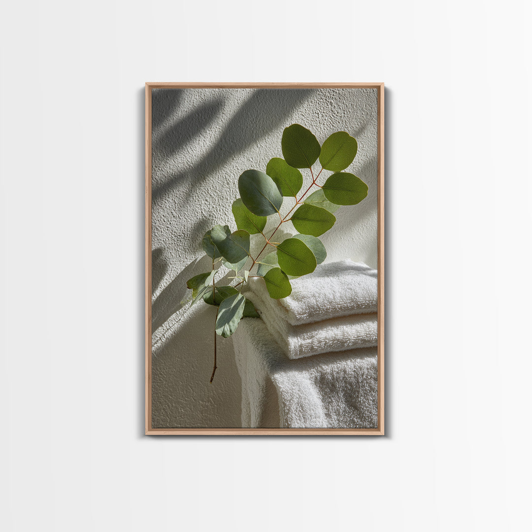 Sunlit White Towels and Eucalyptus Branch Framed Canvas Print, Laundry Room Art, Neutral Decor, Living Room Decor, LRA-2x3-19