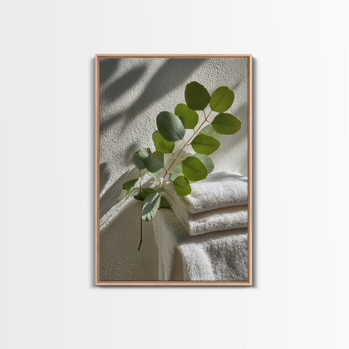 Sunlit White Towels and Eucalyptus Branch Framed Canvas Print, Laundry Room Art, Neutral Decor, Living Room Decor, LRA-2x3-19