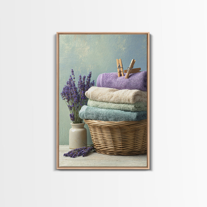 Basket of Folded Towels Framed Canvas Print, Laundry Room Art, Textured Painting, Living Room Decor, Fine Art, Clean, LRA-2x3-22
