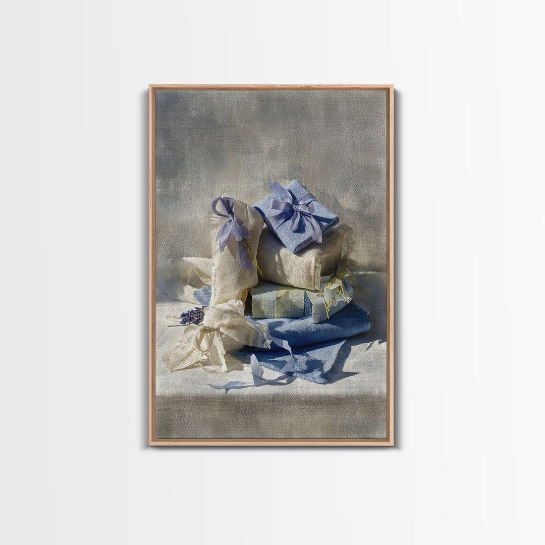 Lavender Sachet and Ribbon Still Life Framed Canvas Print, Laundry Room Art, Home Decor, Living Room Decor, Fine Art, Clean, LRA-2x3-25