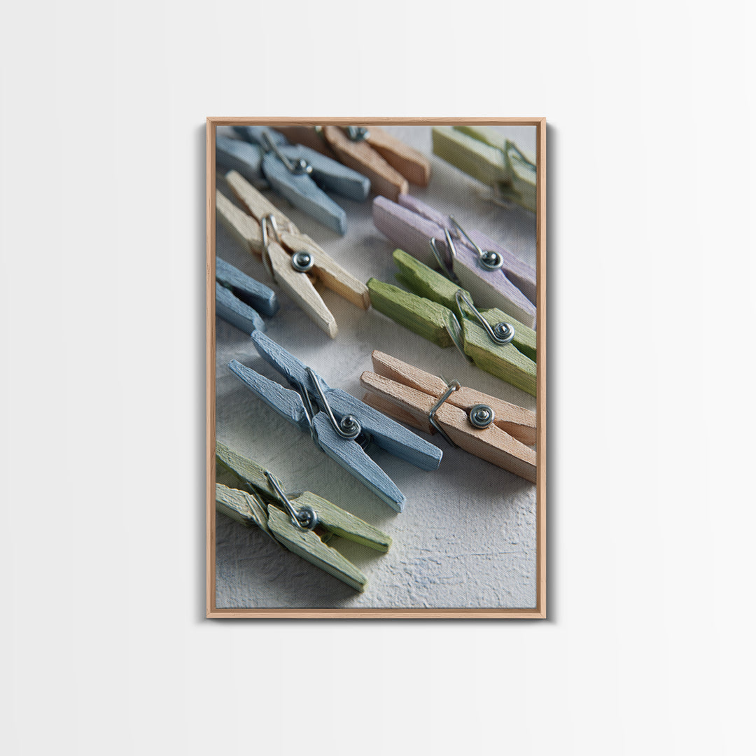 Cheerful Clothespins Arranged as Pattern Canvas Print, Laundry Room Art, Farmhouse Wall Art, Living Room Decor, Clean, LRA-2x3-36