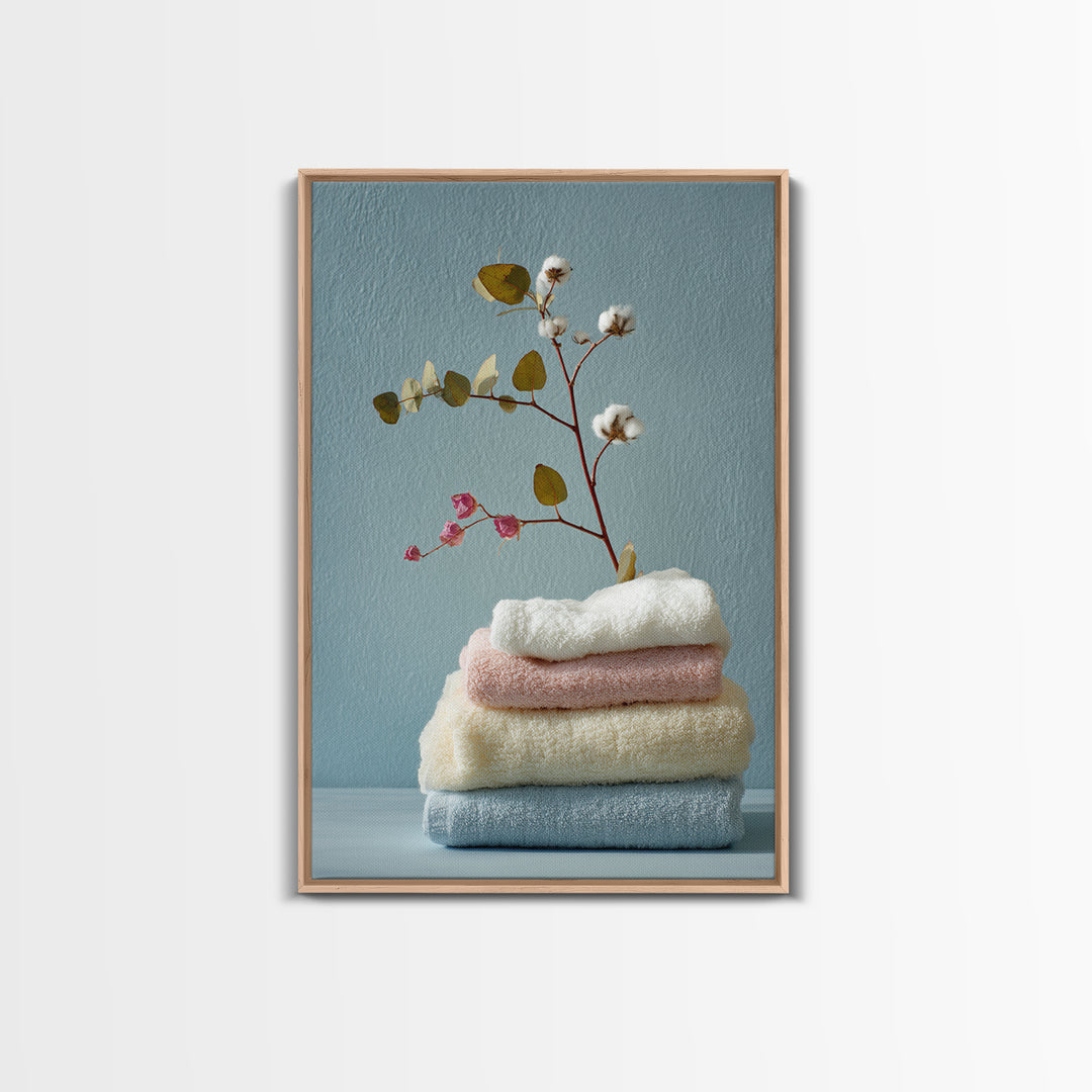 Sunlit White Towels and Eucalyptus Branch Framed Canvas Print, Laundry Room Art, Contemporary Art, Living Room Decor, Clean, LRA-2x3-43