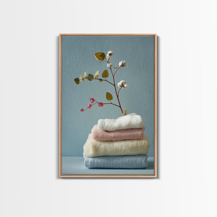 Sunlit White Towels and Eucalyptus Branch Framed Canvas Print, Laundry Room Art, Contemporary Art, Living Room Decor, Clean, LRA-2x3-43