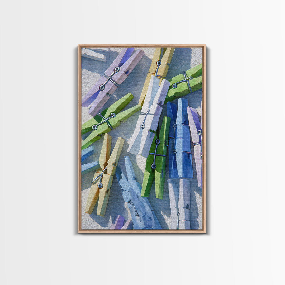 Cheerful Clothespins Arranged as Pattern Framed Canvas Print, Laundry Room Art, Home Decor, Living Room Decor, Fine Art, Clean, LRA-2x3-60