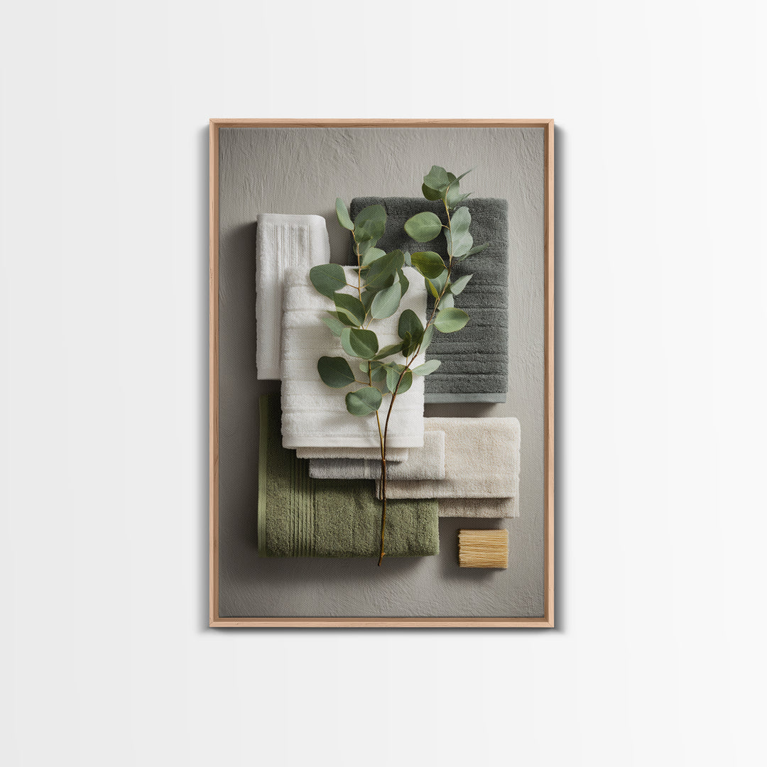Sunlit White Towels and Eucalyptus Branch Canvas Print, Laundry Room Art, Oil Painting, Living Room Decor, Fine Art, Clean, LRA-2x3-67