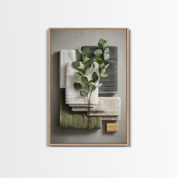 Sunlit White Towels and Eucalyptus Branch Canvas Print, Laundry Room Art, Oil Painting, Living Room Decor, Fine Art, Clean, LRA-2x3-67