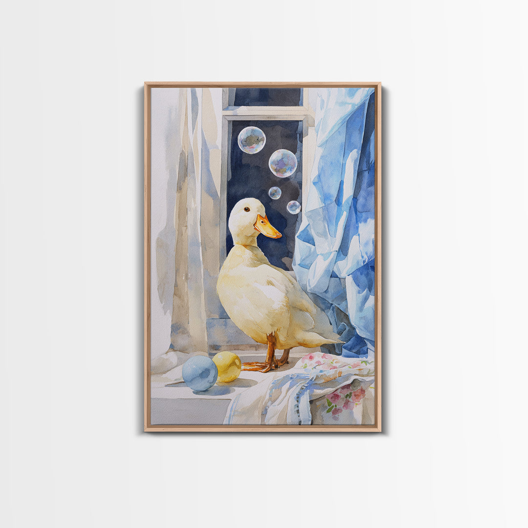 Duck and Bubbles Whimsical Watercolor Canvas Print, Laundry Room Art, Digital Wall Art, Living Room Decor, Fine Art, Clean, LRA-2x3-71