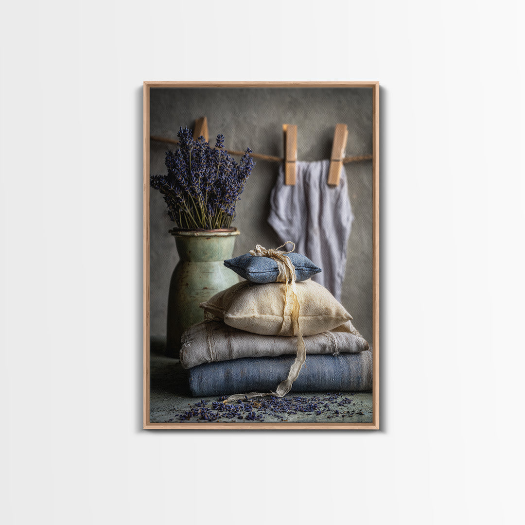 Lavender Sachet and Ribbon Still Life Framed Canvas Print, Laundry Room Art, Farmhouse Decor, Living Room Decor, Clean, LRA-2x3-73