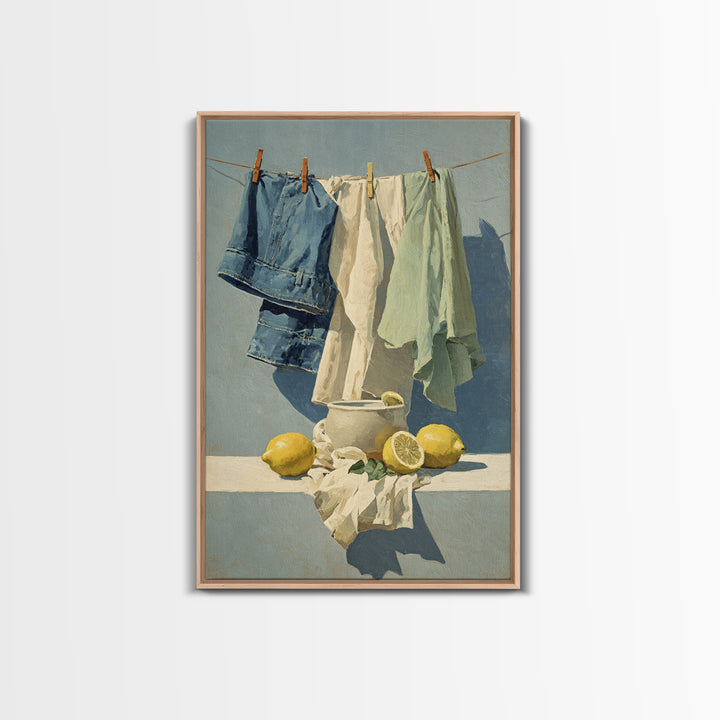 Lemon and Clean Linen Still Life Framed Canvas Print, Laundry Room Art, Wall Art Print, Living Room Decor, Fine Art, Clean, LRA-2x3-83