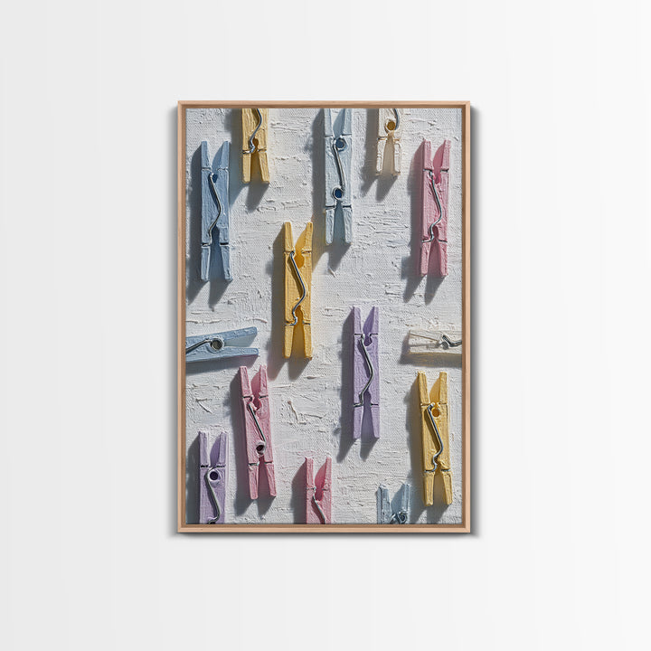 Cheerful Clothespins Arranged as Pattern Framed Canvas Print, Laundry Room Art, Downloadable Art, Living Room Decor, Clean, LRA-2x3-84