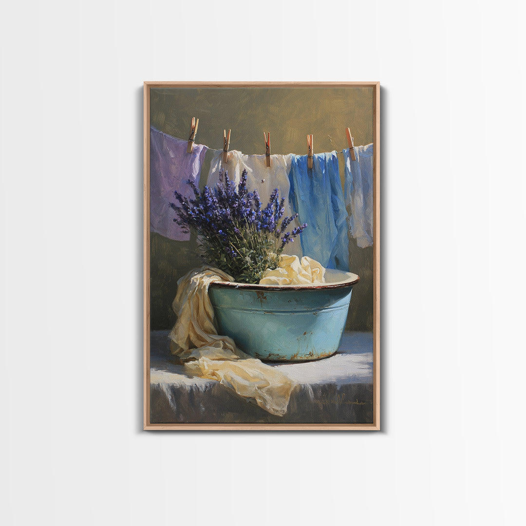 Old Enamel Basin Filled Framed Canvas Print, Laundry Room Art, Artwork, Living Room Decor, Fine Art, Clean, Minimalist Wall Art, LRA-2x3-88