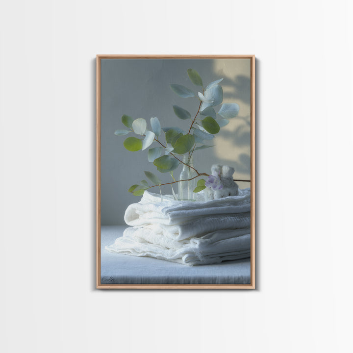 Sunlit White Towels and Eucalyptus Branch Canvas Print, Laundry Room Art, Retro Wall Art, Living Room Decor, Watercolor Art, LRA-2x3-91