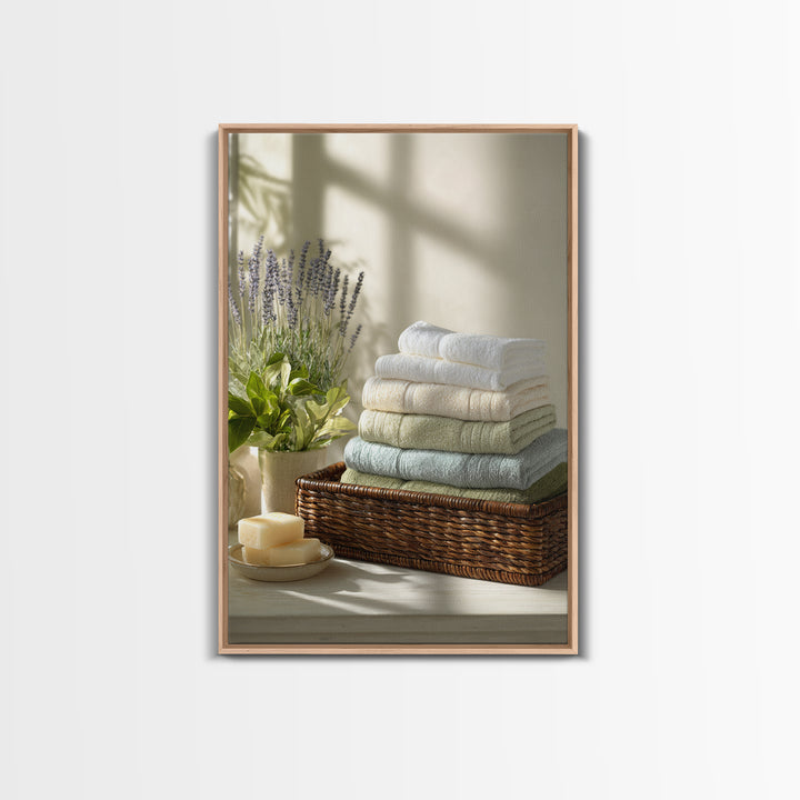 Basket of Folded Towels Framed Canvas Print, Laundry Room Art, Digital Print, Living Room Decor, Clean, Custom Wall Art, LRA-2x3-94