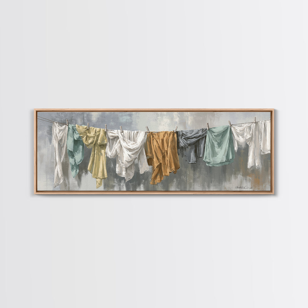 Clothesline with White Linens Blowing in Sunshine Canvas Print, Laundry Room Art, Farmhouse Wall Decor, Living Room Decor, LRA-3x1-17