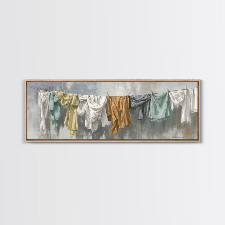 Clothesline with White Linens Blowing in Sunshine Canvas Print, Laundry Room Art, Farmhouse Wall Decor, Living Room Decor, LRA-3x1-17