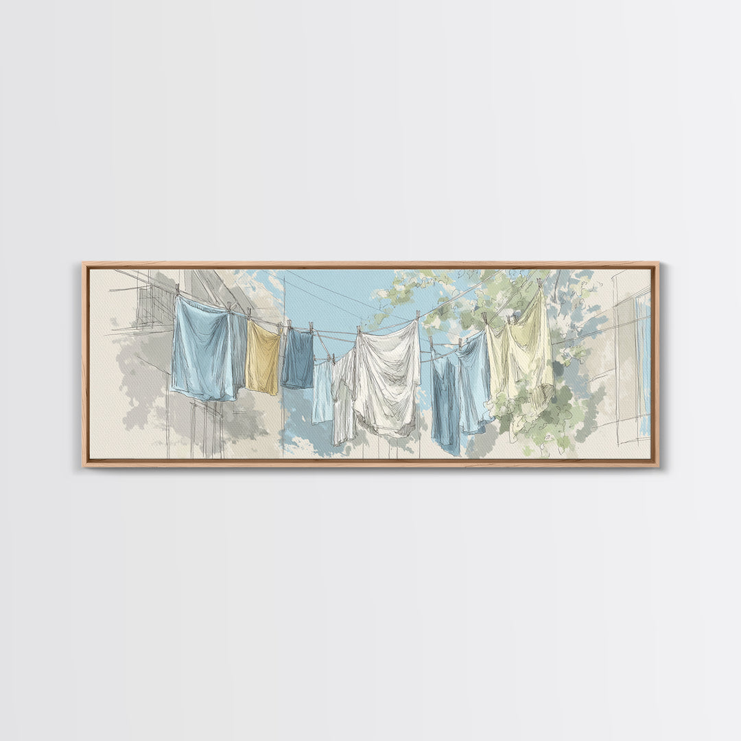 Simple Line Drawing of Hanging Laundry Framed Canvas Print, Laundry Room Art, Digital Art Print, Living Room Decor, LRA-3x1-32