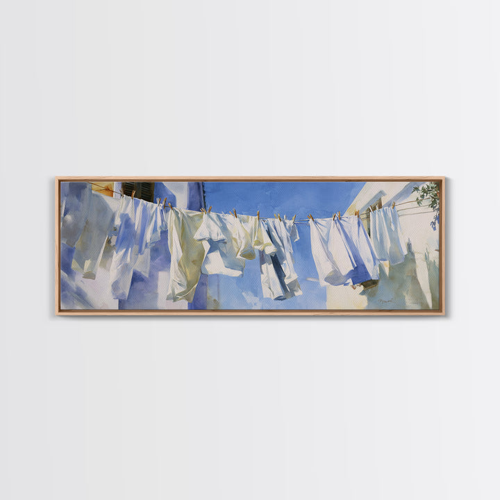 Clothesline with White Linens Blowing in Sunshine Canvas Print, Laundry Room Art, Downloadable Art, Living Room Decor, Clean, LRA-3x1-41