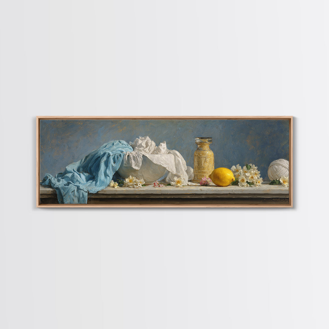 Lemon and Clean Linen Still Life Canvas Print, Laundry Room Art, Living Room Decor, Abstract Art, Clean, Wall Art Print, LRA-3x1-43