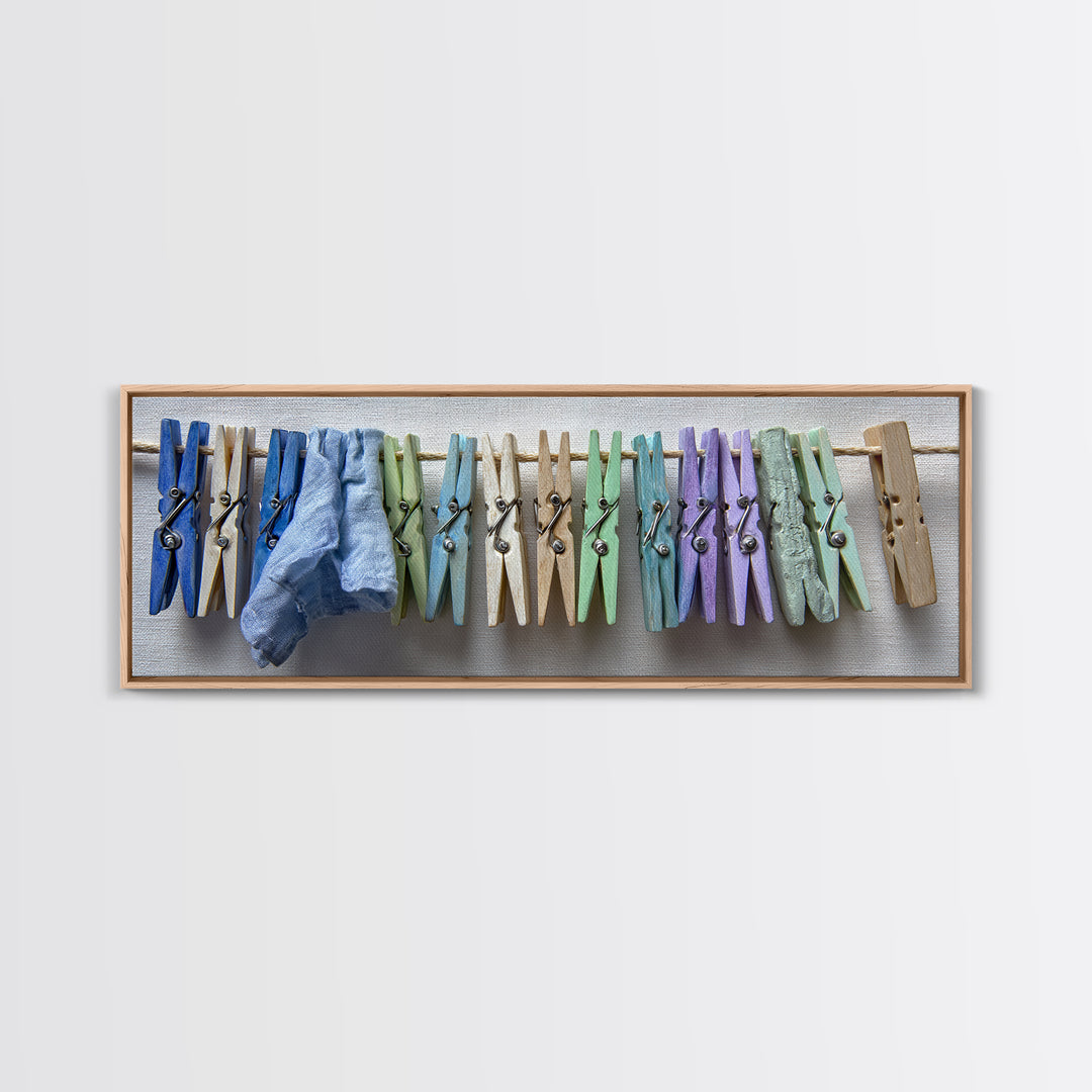 Cheerful Clothespins Arranged as Pattern Framed Canvas Print, Laundry Room Art, Neutral Decor, Living Room Decor, Clean, LRA-3x1-44