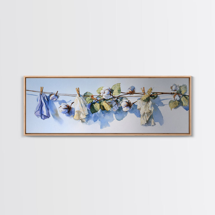 Fresh Cotton Branch Botanical Study Framed Canvas Print, Laundry Room Art, Digital Art, Living Room Decor, Fine Art, Clean, LRA-3x1-47