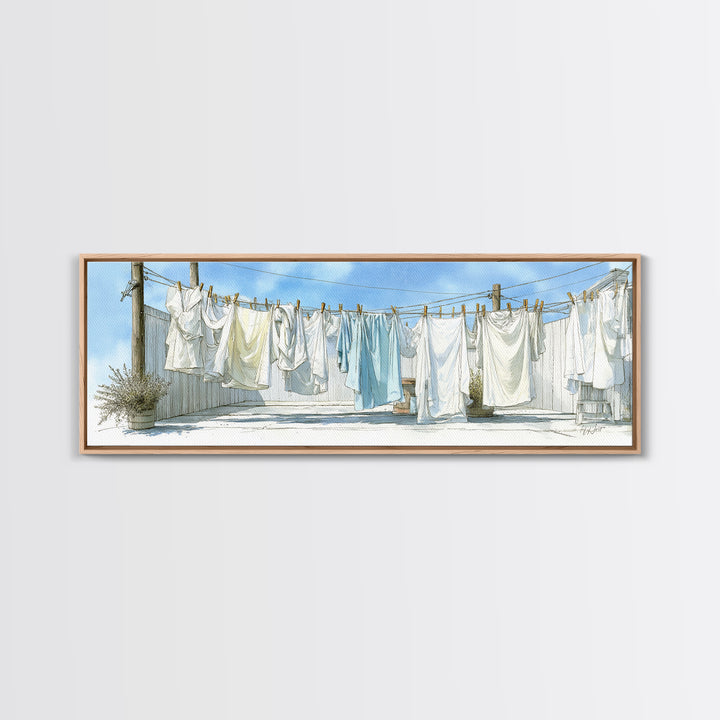 Simple Line Drawing of Hanging Laundry Framed Canvas Print, Laundry Room Art, Textured Painting, Living Room Decor, Clean, LRA-3x1-56