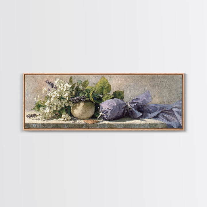 Lavender Sachet and Ribbon Still Life Framed Canvas Print, Laundry Room Art, Farmhouse Wall Art, Living Room Decor, Clean, LRA-3x1-57