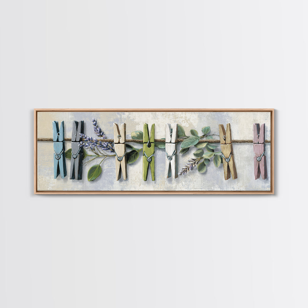 Clothespin Bouquet in Folk Art Style Framed Canvas Print, Laundry Room Art, Boho Decor, Living Room Decor, Fine Art, Clean, LRA-3x1-60
