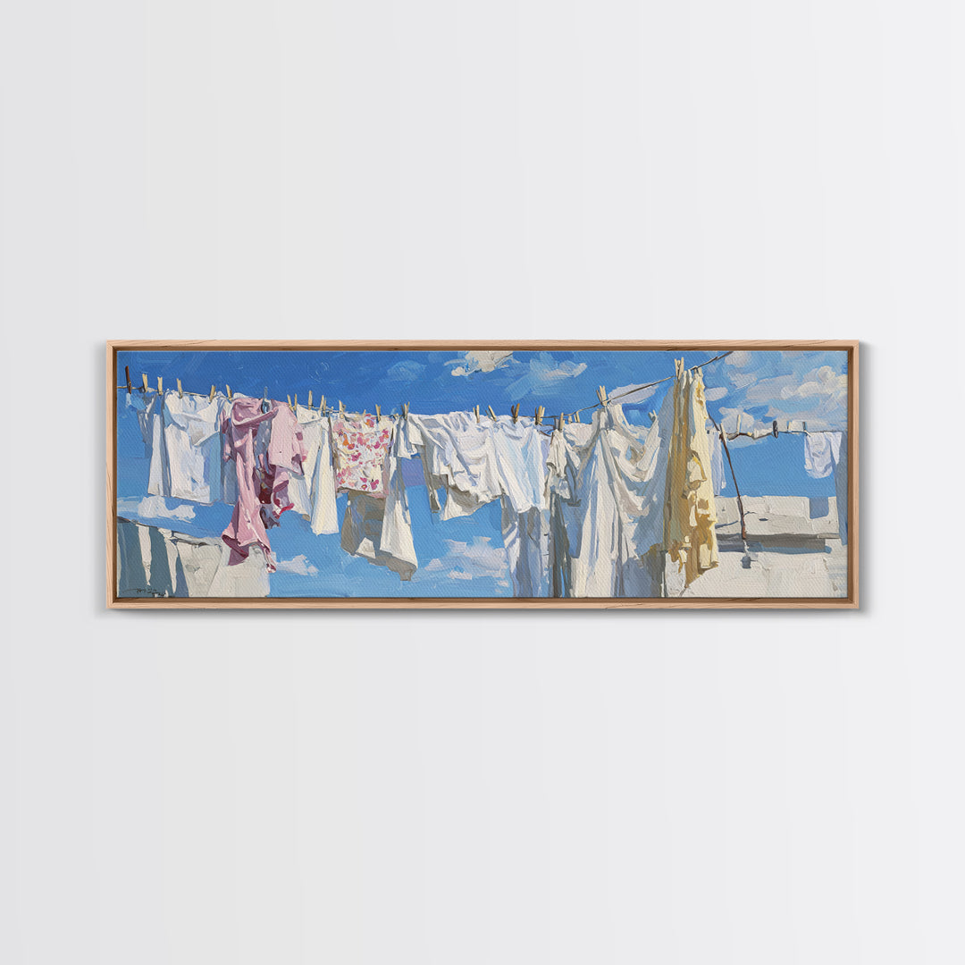Clothesline with White Linens Blowing in Sunshine Canvas Print, Laundry Room Art, Downloadable Art, Living Room Decor, Clean, LRA-3x1-65