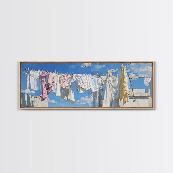 Clothesline with White Linens Blowing in Sunshine Canvas Print, Laundry Room Art, Downloadable Art, Living Room Decor, Clean, LRA-3x1-65
