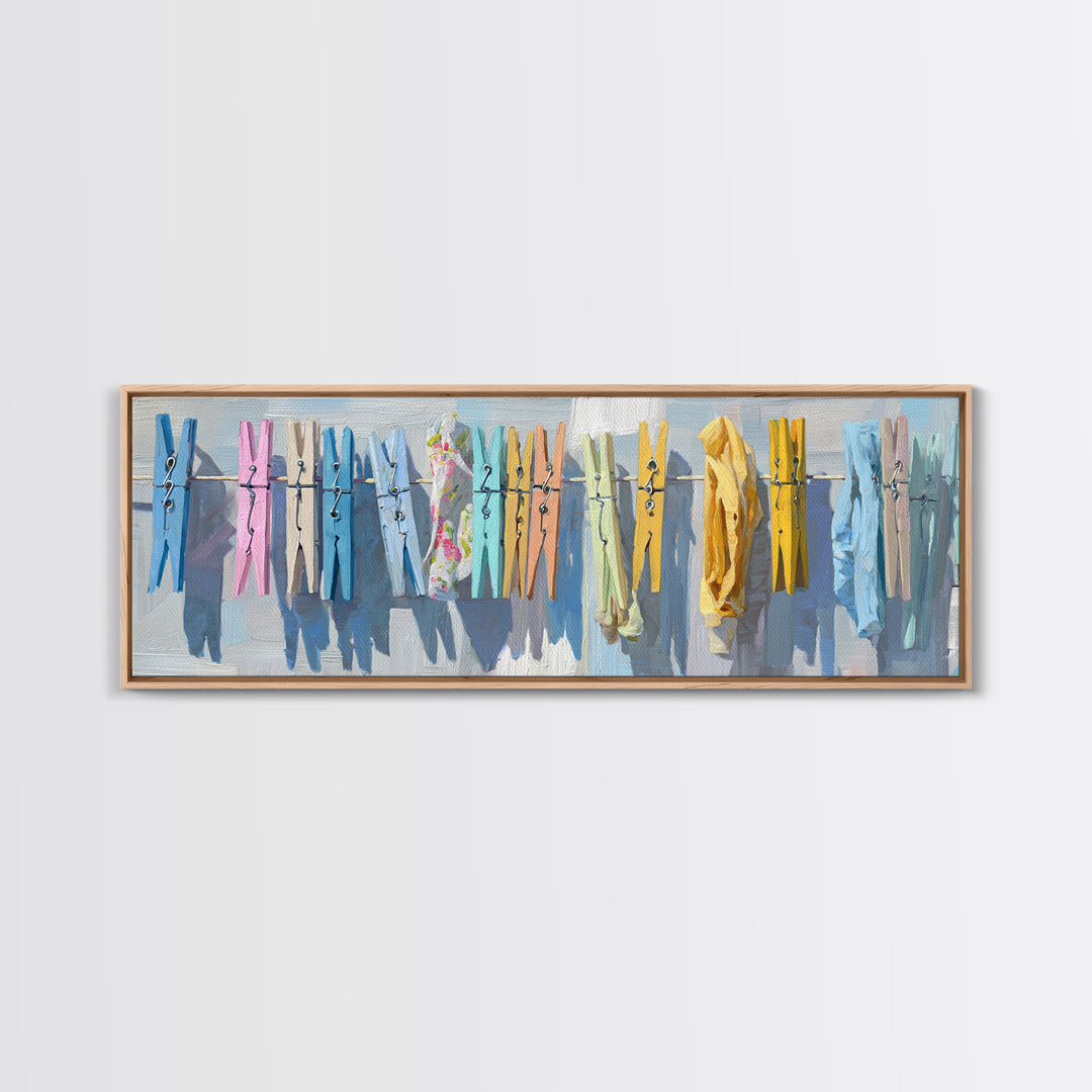 Cheerful Clothespins Arranged as Pattern Canvas Print, Laundry Room Art, Living Room Decor, Clean, Minimalist Wall Art, LRA-3x1-68