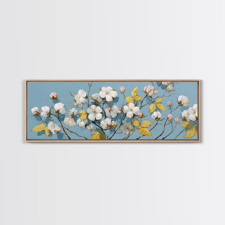 Fresh Cotton Branch Botanical Study Canvas Print, Laundry Room Art, New Home Gift, Living Room Decor, Oil Painting, Clean, LRA-3x1-71